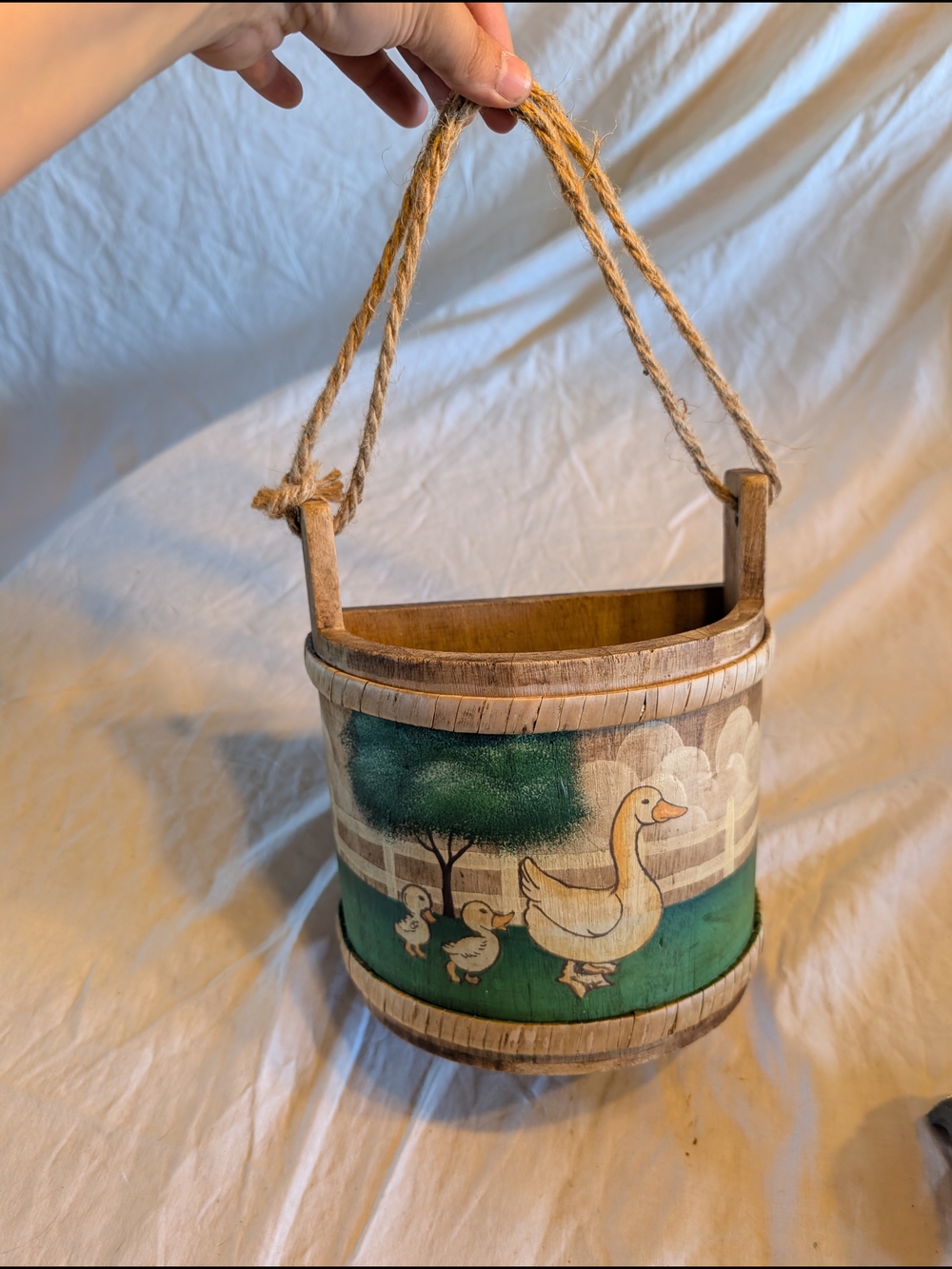 2/60$ Vintage Green and Natural Duck Hanging Basket